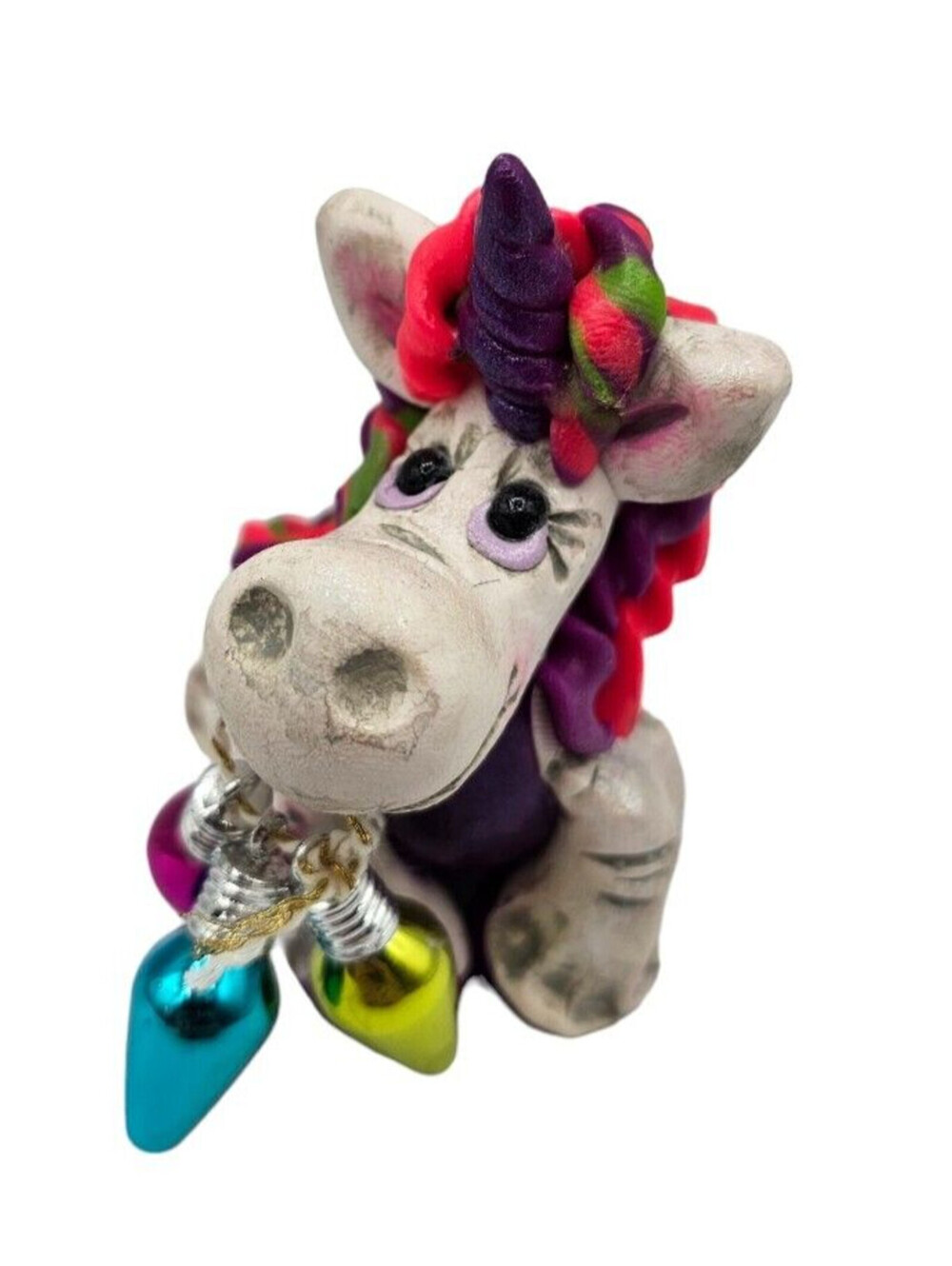 Custom OOAK Clay Unicorn Figurine Signed Whimsical Cute Christmas Theme